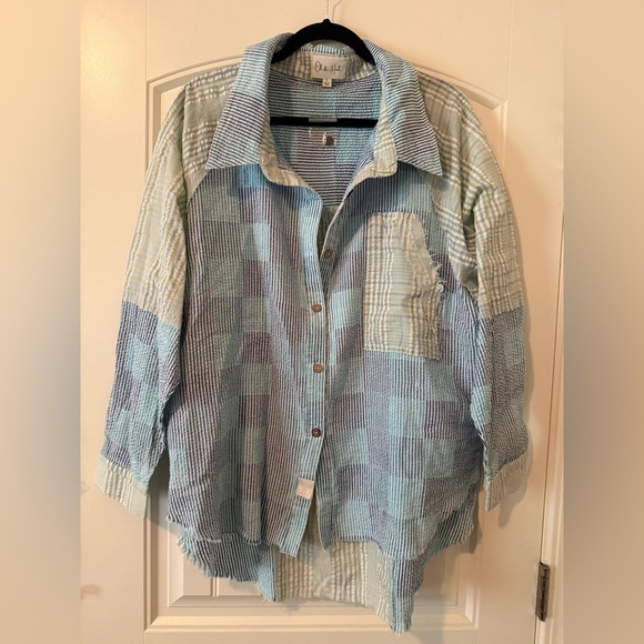 Oli & Hali Tops - Oli & Hali Blue and Teal Striped Seersucker Shirt